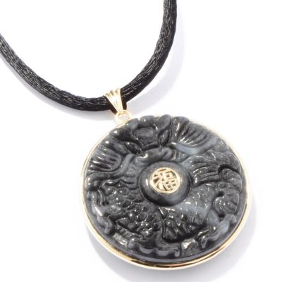 J203778 - 14K Gold Jade & Peridot Reversible Pendant w/ 30" Silk Cord