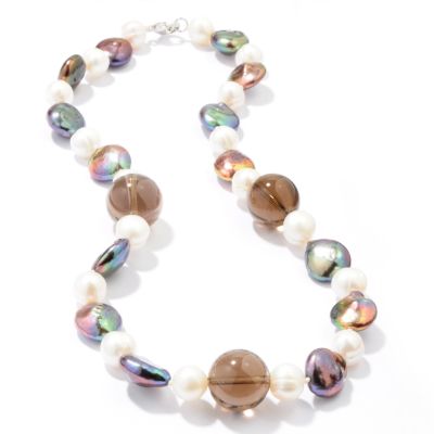 Sterling Silver 18" Freshwater Cultured Pearl & Smoky Quartz Necklace
