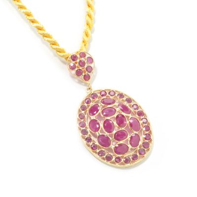 J203969 - 18K Gold Ruby or Sapphire Oval Pendant w/ Silk Cord