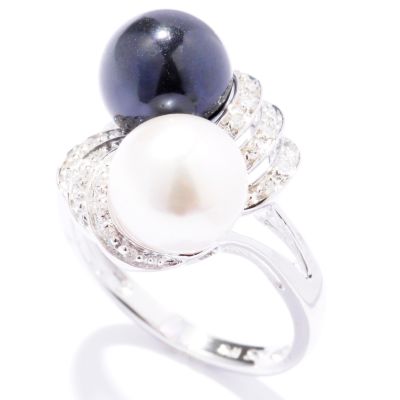 Sterling Silver Black / White Cultured Pearl & Diamond Bypass Ring