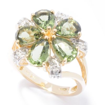 J204039 - 14K Gold Moldavite & Diamond Flower Ring