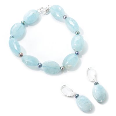 Sterling Silver Aquamarine & Cultured Pearl Bracelet & Earrings Set