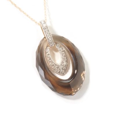 J204098 - 14K Gold Smoky Quartz & Diamond Drop Pendant w/ 18" Chain