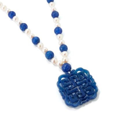 J204110 - Sterling Silver 24.5" Cultured Pearl & Lapis Beaded Carved Necklace