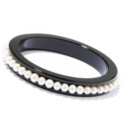 8.25" Onyx & Freshwater Cultured Pearl Bangle Bracelet