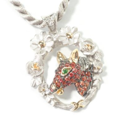 J204142 - 14K White/Yellow Gold Orange Sapphire, Diamond & Garnet Horse Head Pendant