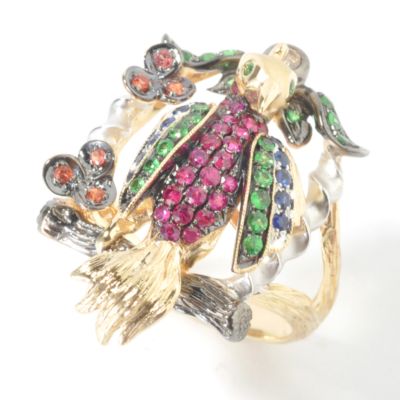 J204147 - 14K Gold Multi-Gem "Bird on a Branch" Ring