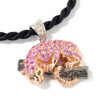 J204149 - 14K White/Yellow Gold Pink Sapphire, Diamond & Green Garnet Panther Pendant