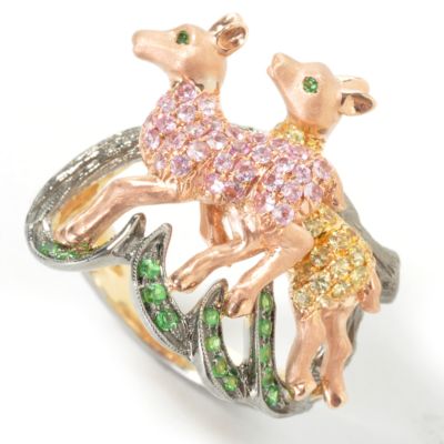 J204152 - 14K White / Yellow Gold Yellow / Pink Sapphire & Green Garnet Deer Ring