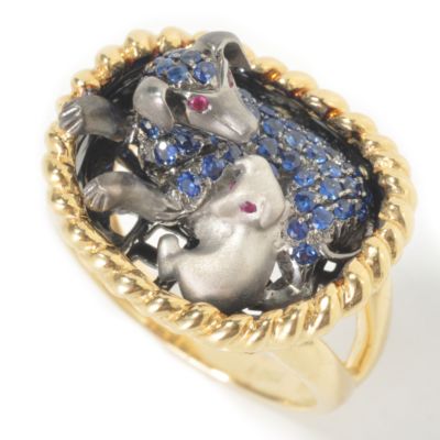 J204153 - 18K Gold Sapphire / Ruby Dog & Pup in Basket Ring