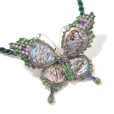 J204155 - 18K White / Yellow Gold Abalone, Diamond & Multi-Gem Butterfly Pendant