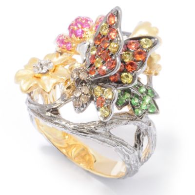 J204158 - 18K White/Yellow Gold Colored Sapphire, Cocoa Diamond & Gem Butterfly Ring