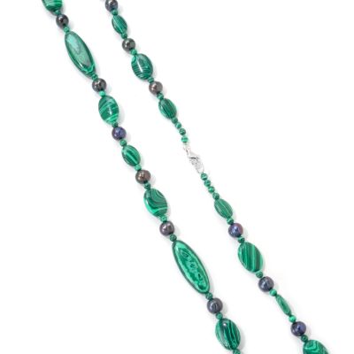 J204161 - Sterling Silver 31" Black Freshwater Cultured Pearl & Malachite Necklace