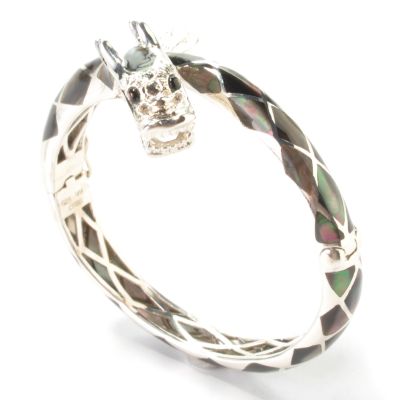 J204183 - Sterling Silver 7" Black Mother-of-Pearl Dragon Hinged Bangle Bracelet