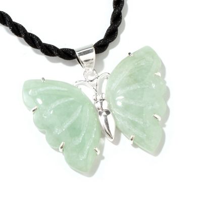 Sterling Silver Green Jade Butterfly Pendant w/ 18" Silk Cord