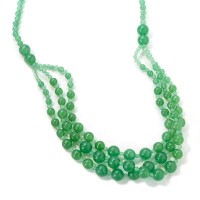 J204203 - Sterling Silver 26" Green Jade Nested Three-Row Necklace w/ 2" Extender
