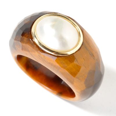14K Gold Cultured Mabe Pearl & Tiger Eye Ring. YELLOW GOLD