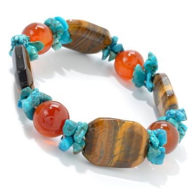 J204240 - 7.5" Tiger Eye, Red Carnelian & Turquoise Stretch Bracelet
