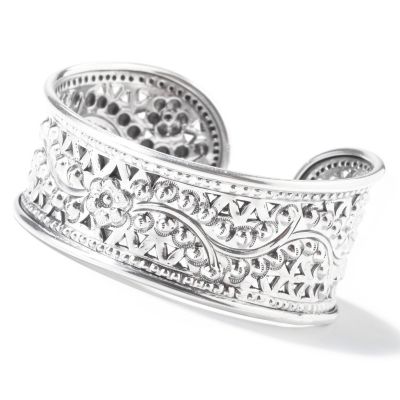J204351 - Sterling Silver 6" Filigree Floral Cuff Bracelet