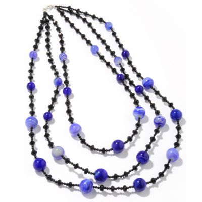 Sterling Silver 24" Black Onyx & Dyed Purple, Blue or Black & White Needle Agate 3-Strand Necklace
