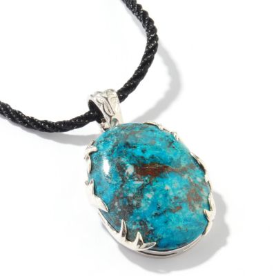 J204582 - Sterling Silver Stabilized Oval Blue Green Chrysocolla Pendant w/ 18" Cord