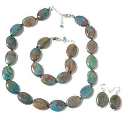 J204629 - Sterling Silver Blue or Tan Jasper 19" Necklace, 8" Bracelet & Earrings Set