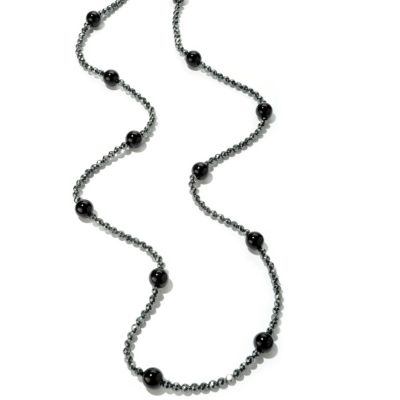 J204635 - 57" Hematite & Black Onyx, Turquoise or White Jade Beaded Necklace