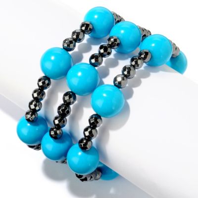 J204636 - 8" Hematite & White Jade, Black Onyx or Turquoise Beaded Stretch Bracelets