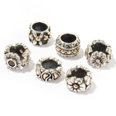 J204692 - Sterling Silver / 18K Gold Peridot & Garnet Flower Detail Beads - Set of Six