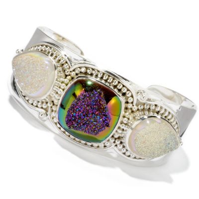 J204757 - Sterling Silver 7" Platinum, Mystic or Opal Window Drusy Wide Cuff Bracelet