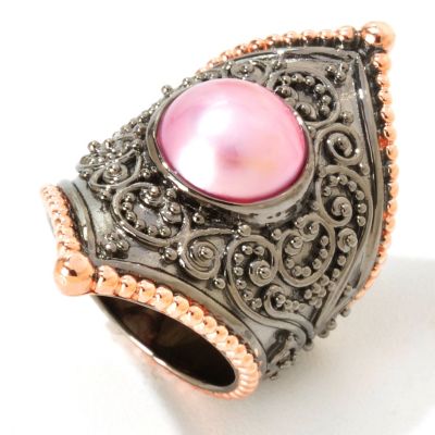 J204793 - Sterling Silver/Black Rhodium/18K Rose Gold Cultured Mabe Pearl Scroll Ring