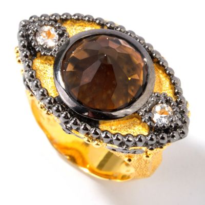 J204822 - Sterling Silver/Black & Yellow Rhodium Cognac Quartz, White Topaz & Diamond Ring
