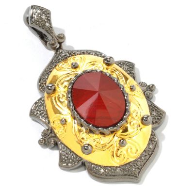 J204827 - Sterling Silver/Black &Yellow Rhodium Red Jasper & Diamond Enhancer