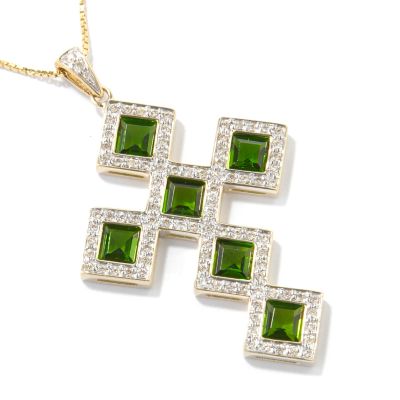 14K Chrome Diopside & Diamond Cross Pendant w/ Chain