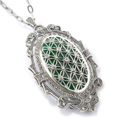 Sterling Silver Green Chalcedony & Marcasite PinPendant w Chain