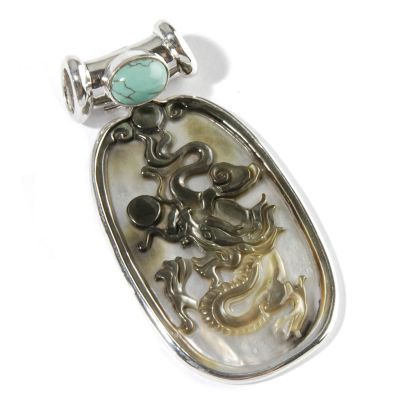 Sterling Silver Taupe Mother-of-Pearl & Turquoise Pendant w/ Chain