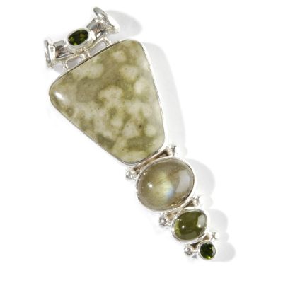 Sterling Silver Green Agate & Multi-Gem Pendant w Chain