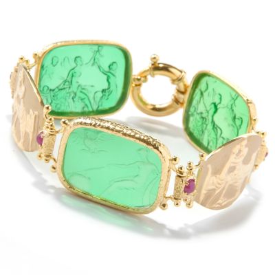 14K 7.5" Ruby Accent Emerald Venetian Glass Cameo Bracelet