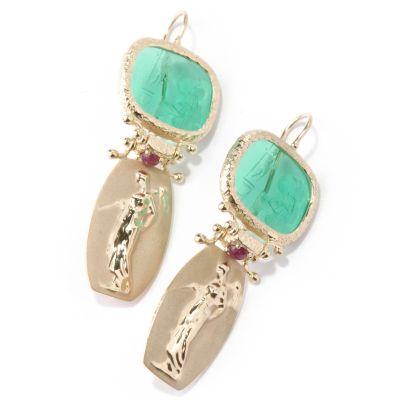 **Web Only** 14K Ruby Accent Emerald Venetian Glass Cameo Earrings