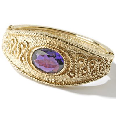 14K 7" Faceted Amethyst or Green Quartz Etrustcan Artform Bangle Bracelet