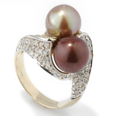 14K White / Yellow Gold Chocolate & Mocha Cultured Pearl & Diamond Ring