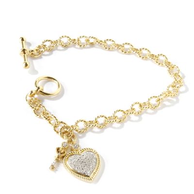 Sterling Silver/Platinum/ or 18K Vermeil 7.5" Diamond Heart & Key Bracelet