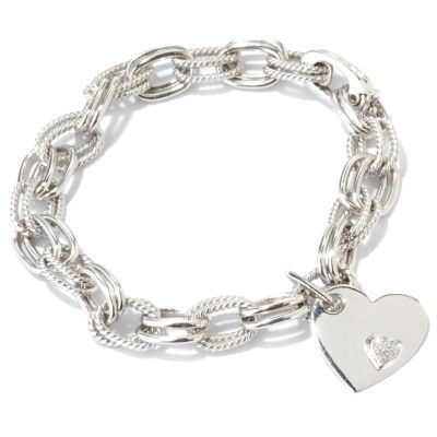 Sterling Silver/Platinum 7.25" Oval Link Diamond Heart Charm Bracelet