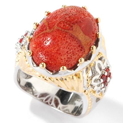  Sterling Silver/Palladium/18K Vermeil Sponge Coral & Orange Sapphire Ring 
