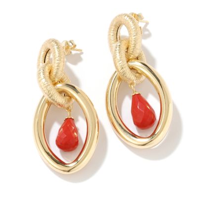 14K Gold Red Coral or Turquoise Chunky Link Earrings 29091