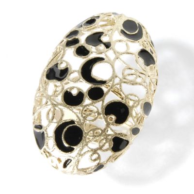 14K Gold Black Enamel Scroll Fancy Oval Ring