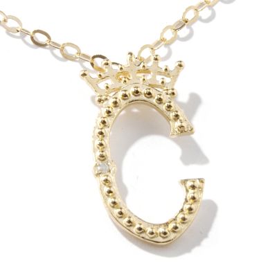 J303857 - 14K Gold Diamond Accent Crown Initial Pendant w/ Chain