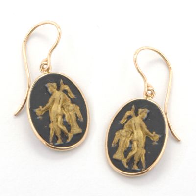 14K Gold Roman Goddess Minerva Black & Gold Dangle Earrings