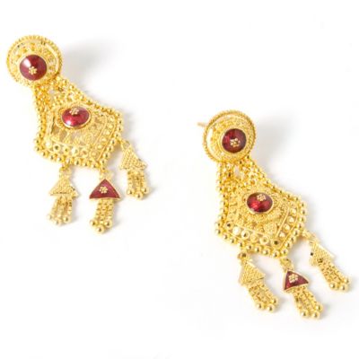 21K Ruby Enamel Granulated Dangle Earrings