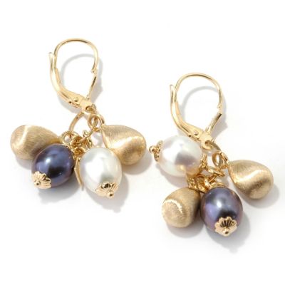 18K Black & White Cultured Pearl & Satin Bead Dangle Earrings
